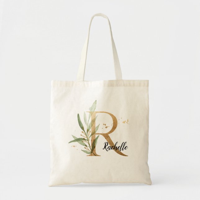 Gold Leaf Greenery Elegant Foliage Monogram "R" Tote Bag (Front)