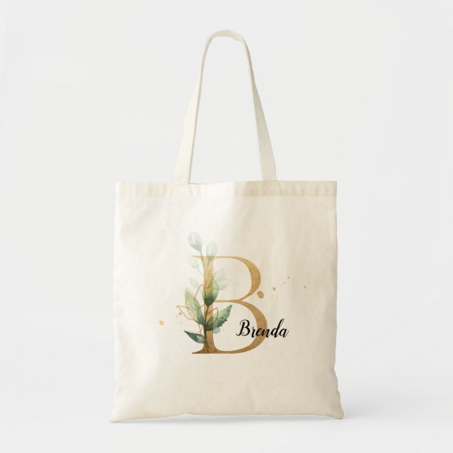 Gold Leaf Greenery Elegant Foliage Personalise"B" Tote Bag (Front)
