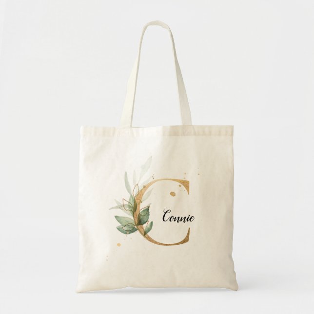 Gold Leaf Greenery Elegant Foliage Personalise "C" Tote Bag (Front)