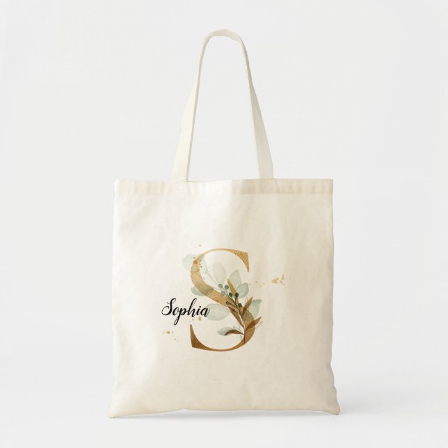 Gold Leaf Greenery Elegant Foliage Personalise "S" Tote Bag (Front)