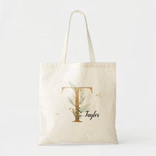 Gold Leaf Greenery Elegant Foliage Personalise "T" Tote Bag