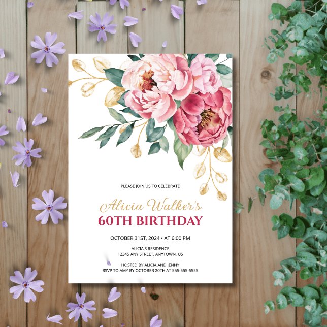 Gold Leaf Greenery Red Pink Peony Birthday  Invitation (Creator Uploaded)