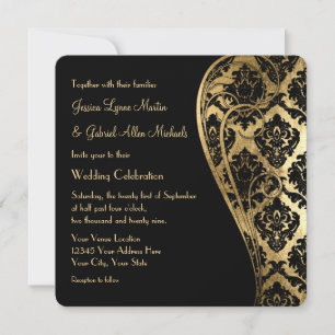 Gold Leaf Look Damask Scroll Formal Wedding Invite