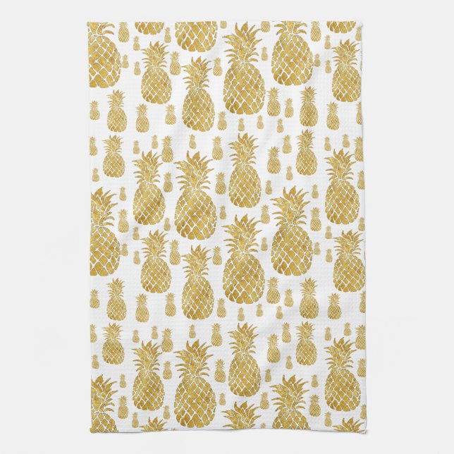 gold leaf look pineapples pattern tea towel (Vertical)