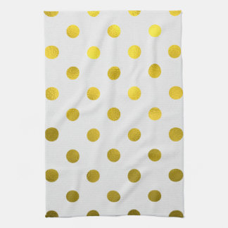 Gold Leaf Metallic Faux Foil Large Polka Dot White Tea Towel