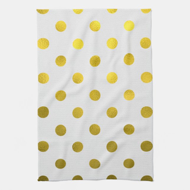 Gold Leaf Metallic Faux Foil Large Polka Dot White Tea Towel (Vertical)
