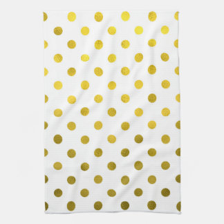 Gold Leaf Metallic Faux Foil Small Polka Dot White Tea Towel