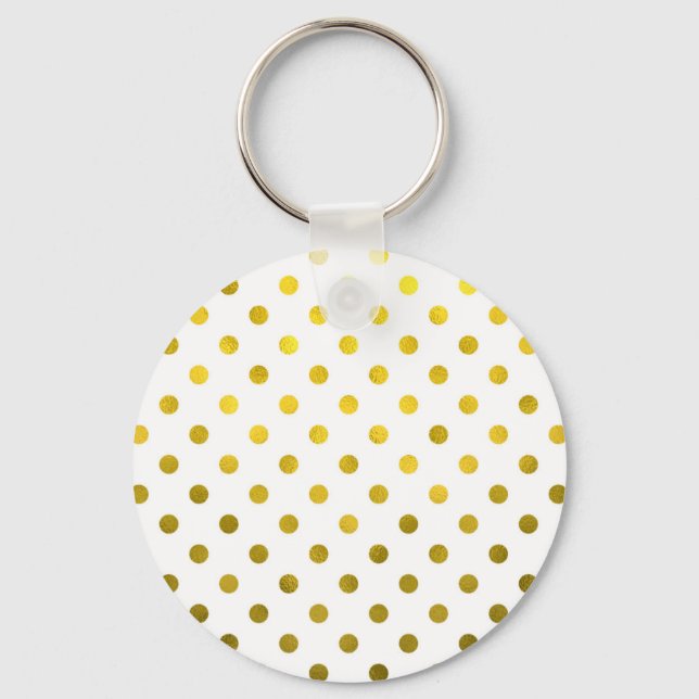 Gold Leaf Metallic Polka Dot on White Dots Pattern Key Ring (Front)