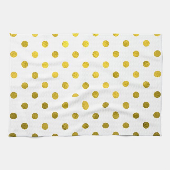 Gold Leaf Metallic Polka Dot on White Dots Pattern Tea Towel (Horizontal)