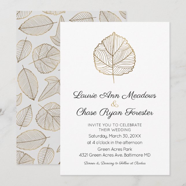 Gold Leaf Minimal Fall Wedding Invitation (Front/Back)