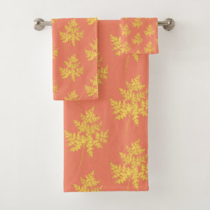 Gold Leaf on Coral Botanical Pattern Bath Towel Set