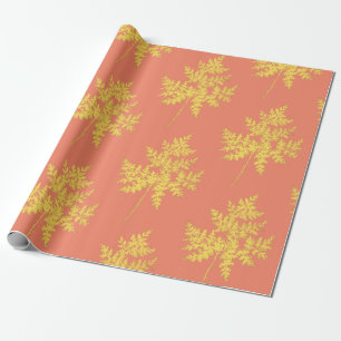 Gold Leaf on Coral Botanical Pattern Wrapping Paper