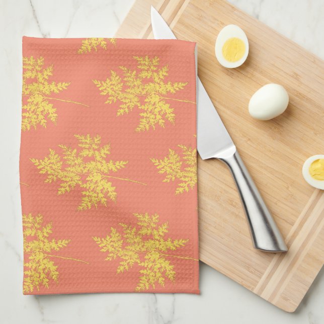 Gold Leaf on Coral Botanical Tea Towel (Quarter Fold)