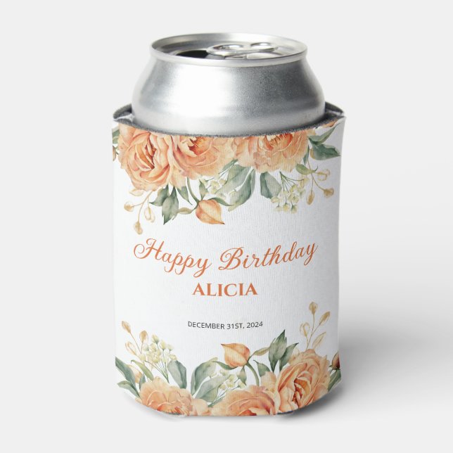 Gold Leaf Orange Peony Rustic Floral Birthday  Can Cooler (Can Front)