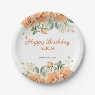 Gold Leaf Orange Peony Rustic Floral Birthday  Paper Plate