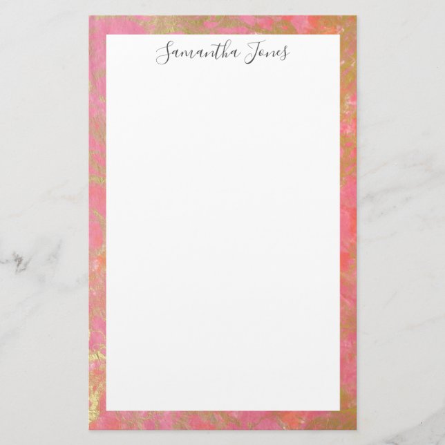 Gold Leaf Pink Marble  Metallic | Personalised Stationery (Front)