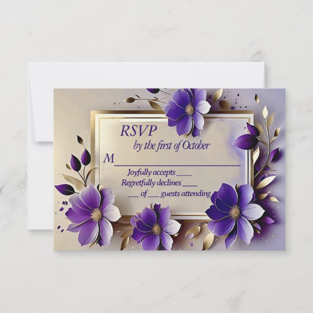 Gold leaf purple flowers wedding  RSVP card (Front)