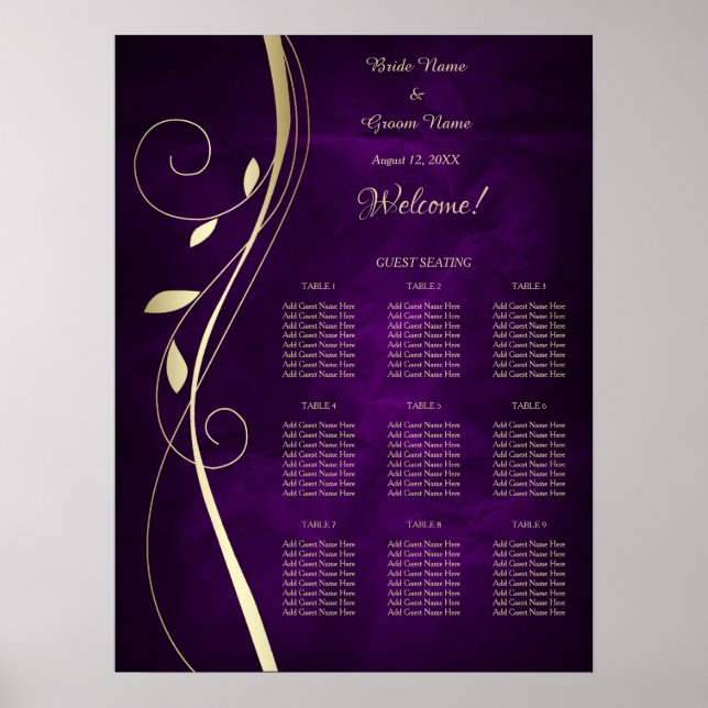 Gold Leaf Purple Wedding Seating Chart (Front)