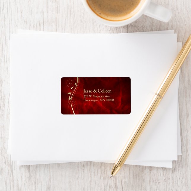 Gold Leaf Swirl Deep Red Wedding Return Label (Insitu)