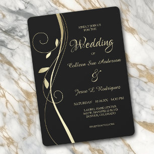 Gold Leaf Swirl Elegant Black Wedding Invitation