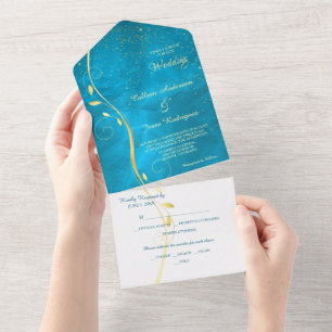Gold Leaf Swirl Teal Blue Photo Template Wedding