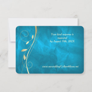 Gold Leaf Swirl Teal Blue Wedding RSVP Card