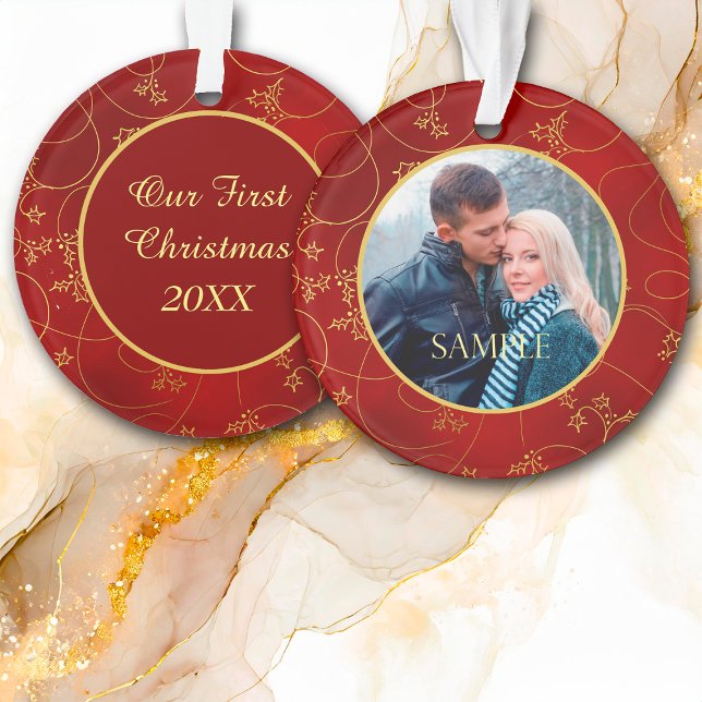 Gold Leaf Vine Photo Template First Christmas Ornament (Creator Uploaded)