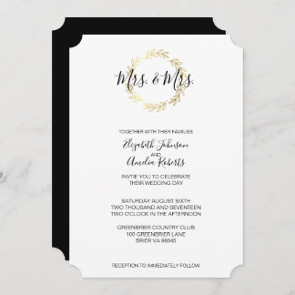 Gold Leaf Wreath & Black and White Script Wedding Invitation