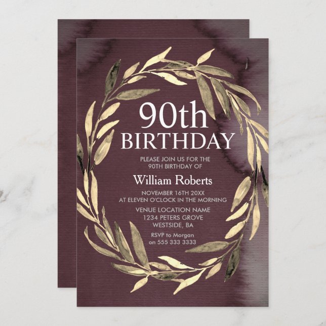 Gold Leaf Wreath Male 90th Birthday Party Invite (Front/Back)