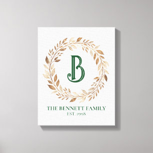 Gold Leaf Wreath Monogram Canvas Family Initial Print