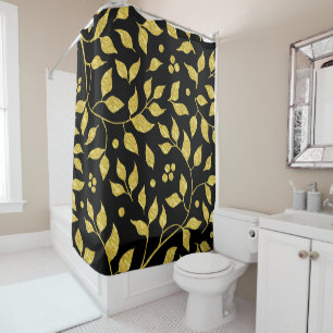 Gold Leafs PatternOn Black Shower Curtain