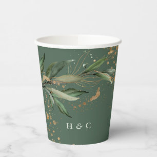 Gold Leafy Botanical Eucalyptus Greenery Monogram Paper Cups