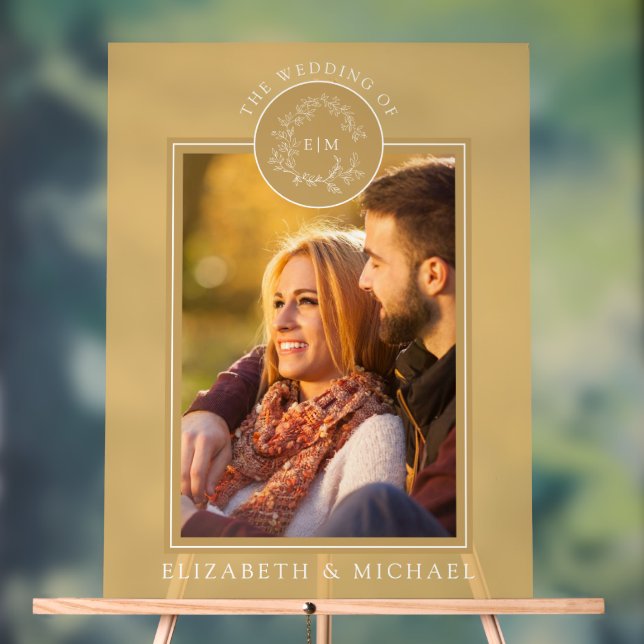 Gold Leafy Crest Monogram Photo Wedding Acrylic Sign (Neutral)