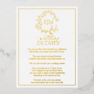 Gold Leafy Crest Monogram Wedding Details Card