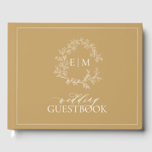 Gold Leafy Crest Monogram Wedding Guest Book (Front)