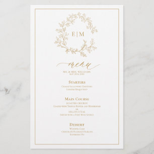 Gold Leafy Crest Monogram Wedding Menu