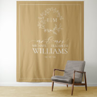 Gold Leafy Crest Monogram Wedding Photo Tapestry