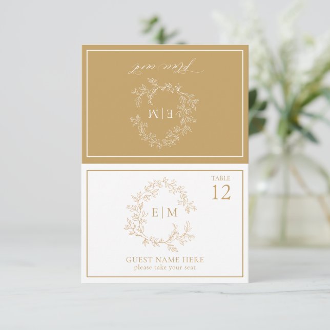 Gold Leafy Crest Monogram Wedding Place Card (Standing Front)