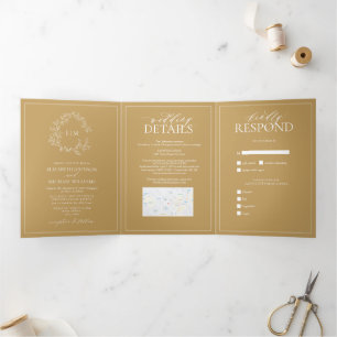 Gold Leafy Crest Monogram Wedding Tri-Fold Invitation