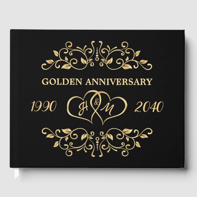 Gold Leafy Swirls Hearts 50th Wedding Anniversary Guest Book (Front)