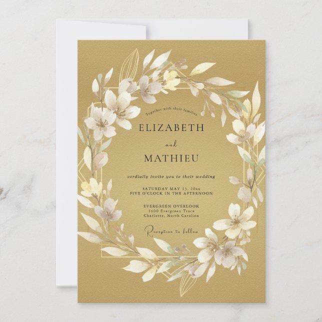 Gold Leafy Wreath Wedding Invitation (Front)