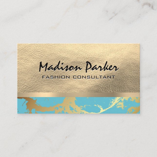 Gold Leather and Metallic | Gold Teal Marble Business Card (Front)