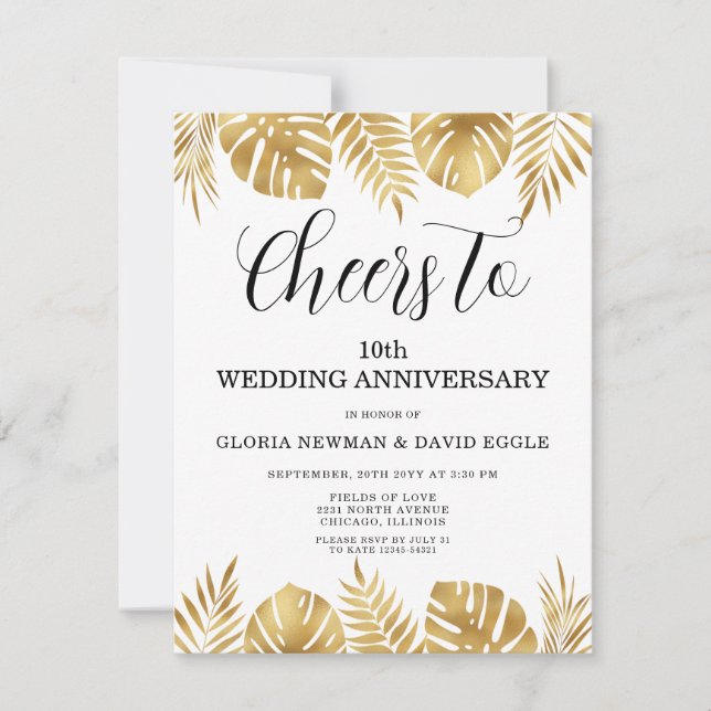 Gold Leaves 10th Wedding Anniversary  Invitation (Front)
