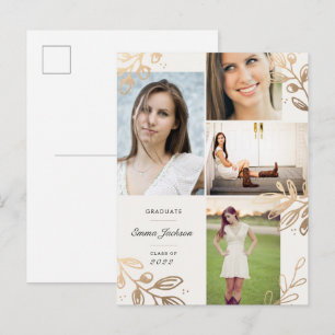 Gold Leaves 4 Photo Grad Announcement Postcard