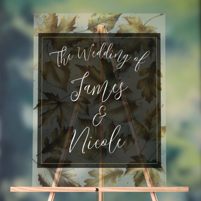 Gold Leaves Almond Beige & Black Glam Fall Wedding Acrylic Sign (Neutral)