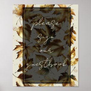 Gold Leaves Almond Beige & Black Guestbook Sign