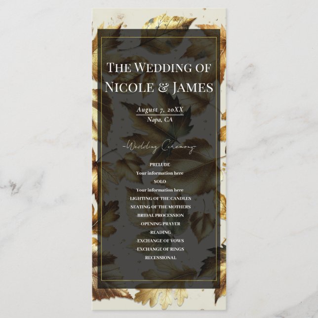 Gold Leaves Almond Beige & Black Wedding Program Programme (Front)