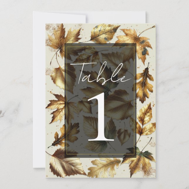 Gold Leaves Almond Beige & Black Wedding Table Invitation (Front)