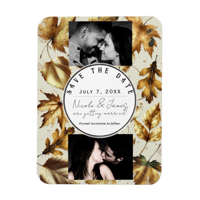 Gold Leaves Almond Beige Cream Fall Save the Date  Magnet (Vertical)