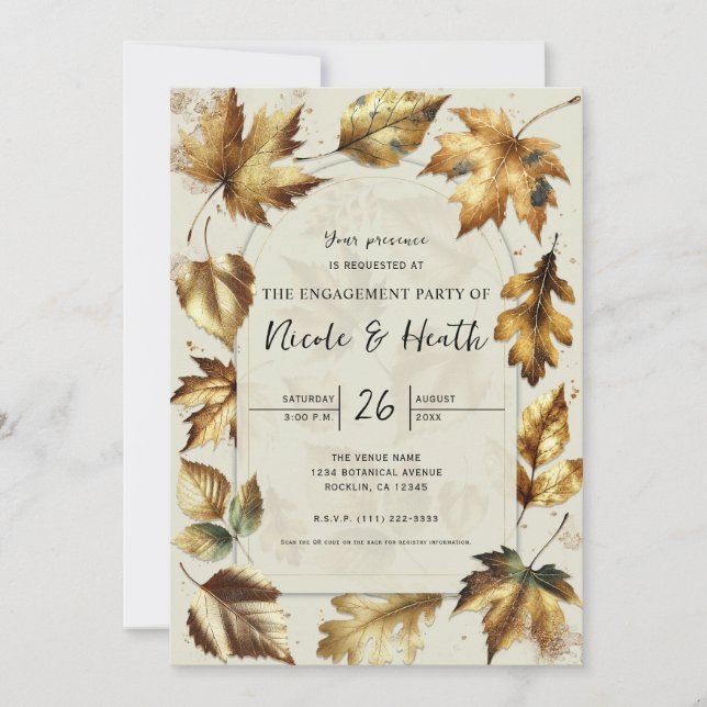 Gold Leaves Almond Beige Fall Engagement Invitation (Front)